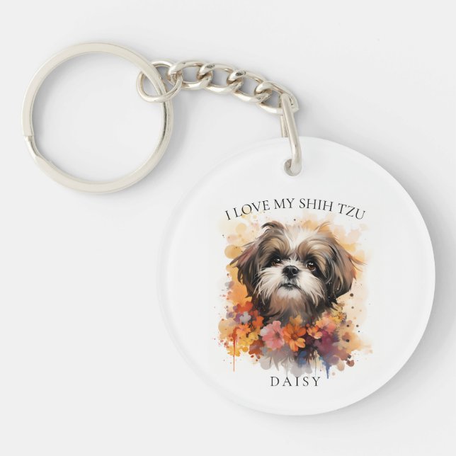 I Love My Shih Tzu Floral Dog Portrait Key Ring (Front)