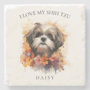 I Love My Shih Tzu Floral Dog Portrait Stone Coaster