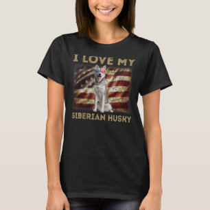 I Love My Siberian Husky Dad Mum American Flag Wei T-Shirt
