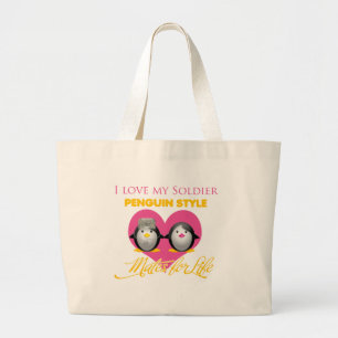 I Love My Soldier Penguin Style Large Tote Bag