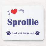 I Love My Sprollie (Female Dog) Mouse Mat<br><div class="desc">Show the world how much you love your Sprollie dog (and that the feeling is mutual!). With a heart and two pawprints, the words read 'I love my Sprollie and she loves me'. This design is specifically for a female dog (she), we also have variants available for a male dog...</div>