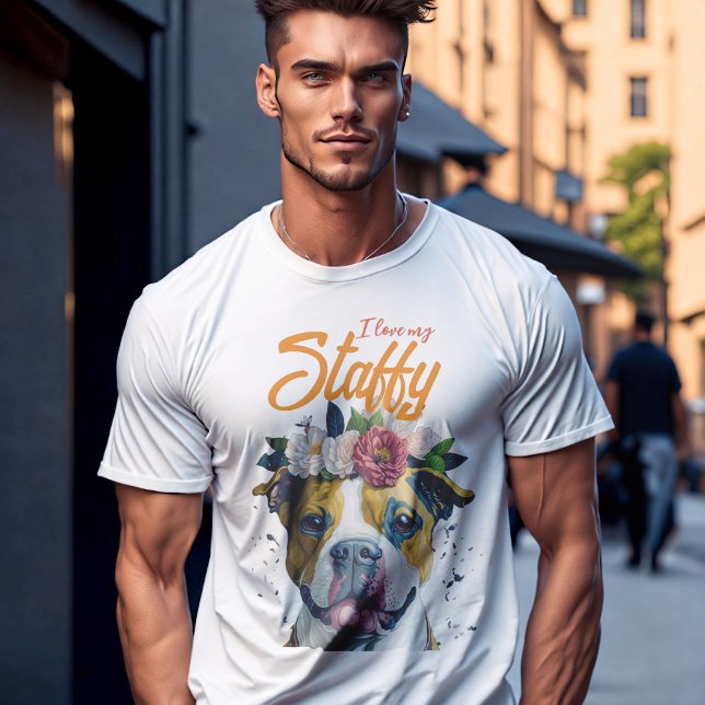 I love my Staffy, dog in flowers Personalised gift T-Shirt (I love my staffy - dad 
 of Staffordshire terrier girl)