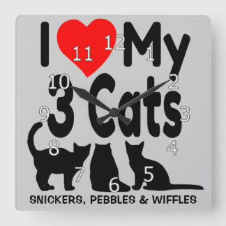 I Love My Three Cats Square Wall Clock