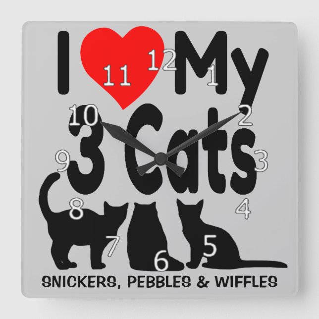 I Love My Three Cats Square Wall Clock (Front)