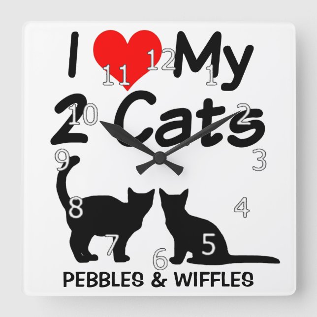I Love My TWO Cats Silhouette Square Wall Clock (Front)