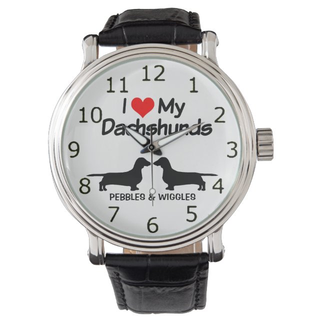 I Love My Two Dachshund Dogs Silhouette Watch (Front)