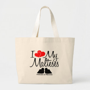 I Love My Two Maltese Dogs Large Tote Bag