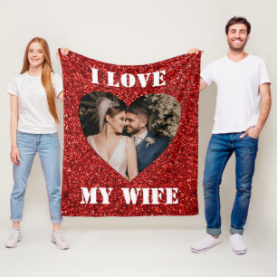 I Love My Wife Heart Custom Photo Red Glitter Love Fleece Blanket