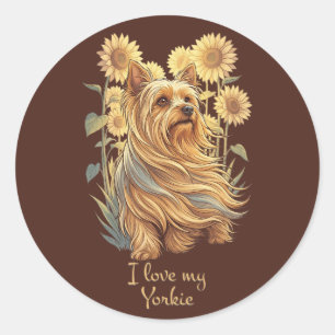 I Love My Yorkie – Vintage Sunflower Dog Lover Aes Classic Round Sticker