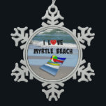 I Love Myrtle Beach Snowflake Pewter Christmas Ornament<br><div class="desc">I Love Myrtle Beach,  colourful beach towel and beach ball,  popular design</div>