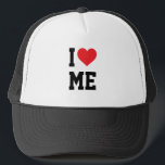 I Love Myself Trucker Hat<br><div class="desc">Simple typography that says "I love me" with a red heart.</div>