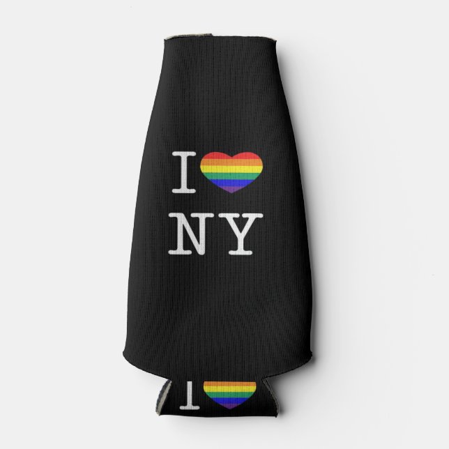 I Love NY - Gay Pride Rainbow Heart Classic Bottle Cooler (Front)