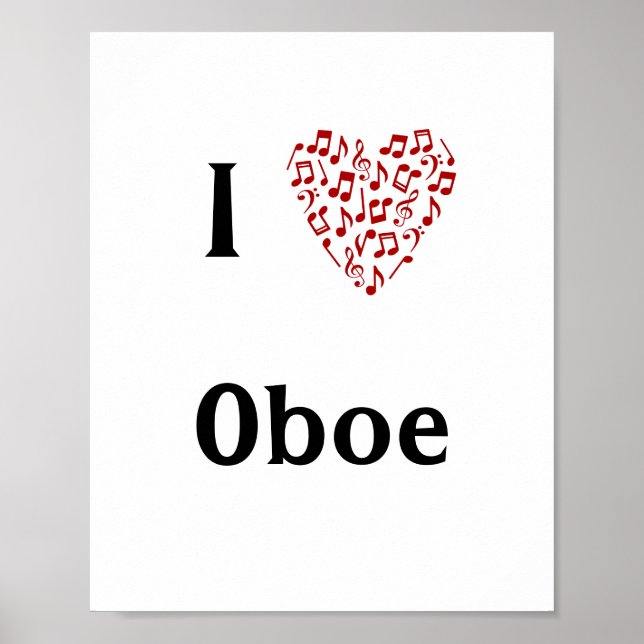 I Love Oboe Red Heart of Music Notes Poster (Front)