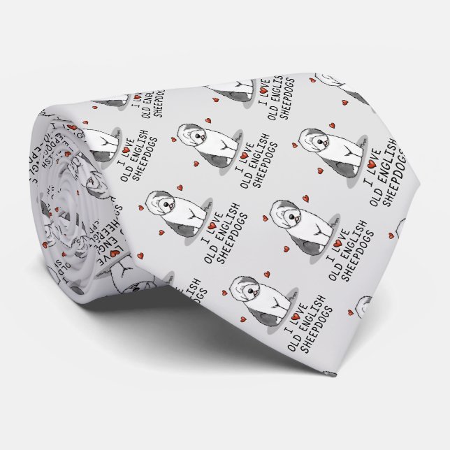 I Love Old English Sheepdogs (Grey 1) Cute OES Tie (Rolled)