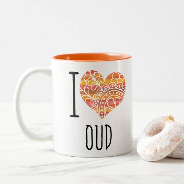 I Love Oud Orange Mandala Heart Two-Tone Coffee Mug (With Donut)