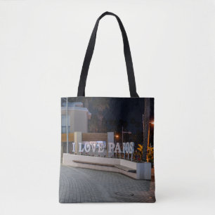 I Love Pafos sign at night Tote Bag