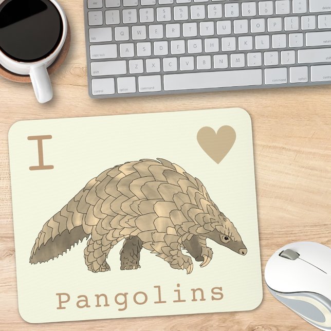 I Love Pangolins Endangered Species Animal Art Mouse Mat (I love pangolins slogan with cute pangolin illustration mouse mat)