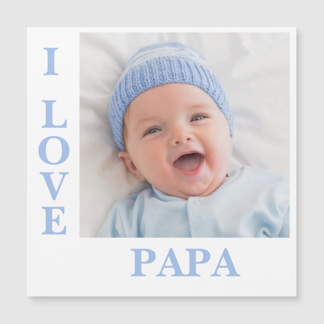 I Love Papa Blue Typography Photo Birth Magnet (Front)