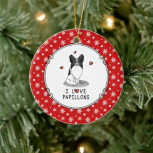 I Love Papillons (white & black) Hearts Dogs Cute Ceramic Tree Decoration