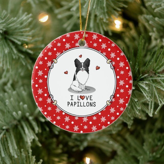 I Love Papillons (white & black) Hearts Dogs Cute Ceramic Tree Decoration (Tree)