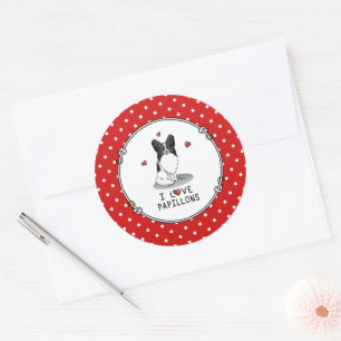 I Love Papillons (white & black) Hearts Dogs Cute Classic Round Sticker