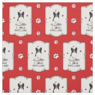 I Love Papillons (white & black) Hearts Dogs Cute Fabric