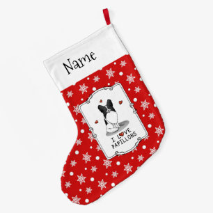 I Love Papillons (white & black) Hearts Dogs Cute Large Christmas Stocking