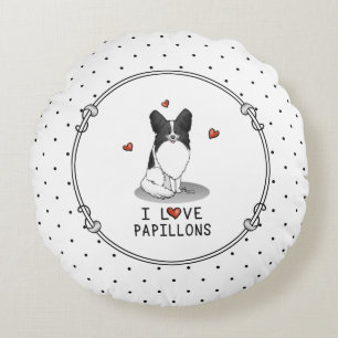 I Love Papillons (white & black) Hearts Dogs Cute Round Cushion