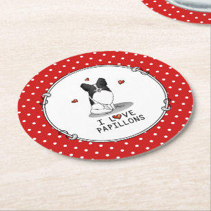 I Love Papillons (white & black) Hearts Dogs Cute Round Paper Coaster