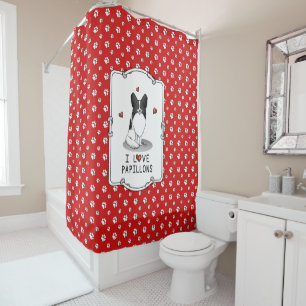 I Love Papillons (white & black) Hearts Dogs Cute Shower Curtain