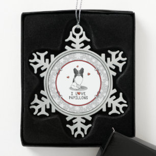 I Love Papillons (white & black) Hearts Dogs Cute Snowflake Pewter Christmas Ornament
