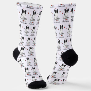 I Love Papillons (white & black) Hearts Dogs Cute Socks