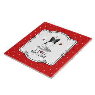 I Love Papillons (white & black) Hearts Dogs Cute Tile