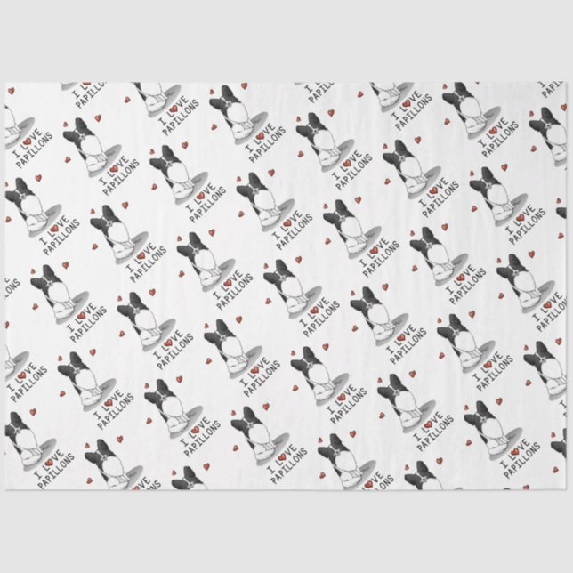I Love Papillons (white & black) Hearts Dogs Cute Tissue Paper (Front)
