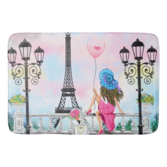 I Love Paris Bath Mat - Woman with Pink Balloon  (Front)