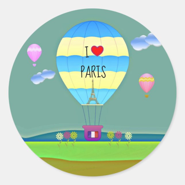 I Love Paris, Colourful Hot Air Balloon Classic Round Sticker (Front)