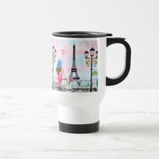 I Love Paris - Pretty Woman and Pink Heart Balloon Travel Mug (Right)