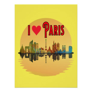 I Love Paris Skyline Sunset Wall Art Poster