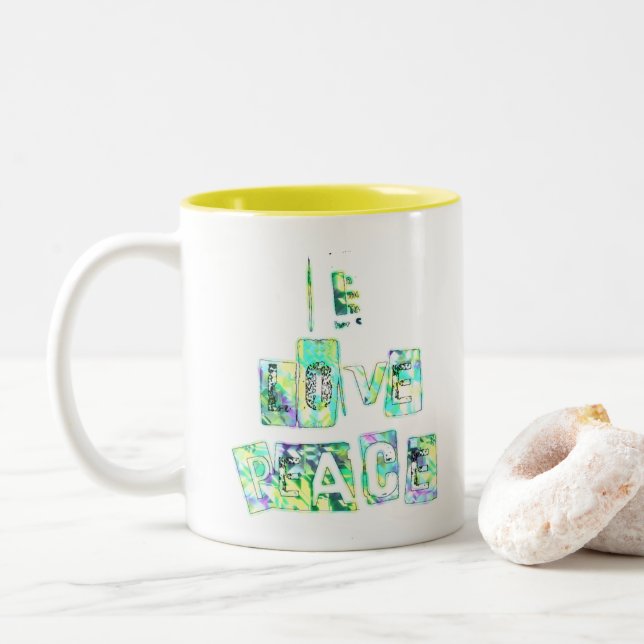 I Love Peace Beautiful Art Print Text Design Two-Tone Coffee Mug (With Donut)