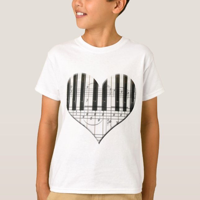 I Love Piano or Organ Music Heart Keyboard T-Shirt (Front)