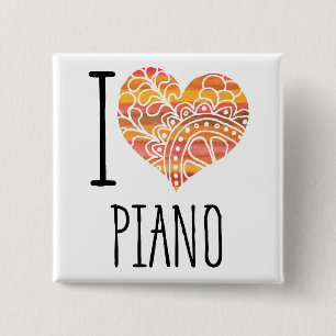 I Love Piano Orange Mandala Heart 15 Cm Square Badge
