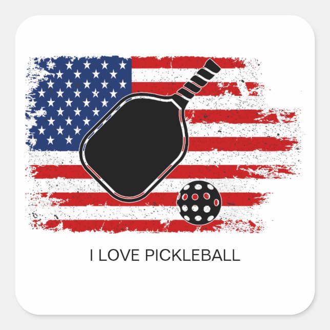 I Love Pickleball American Flag Personalised Square Sticker (Front)