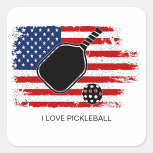 I Love Pickleball American Flag Personalised Square Sticker