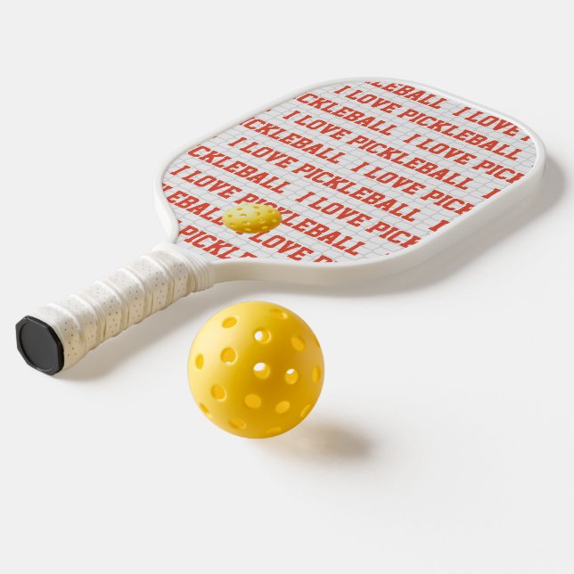 I LOVE PICKLEBALL Sports Fun Yellow Ball Net Text Paddle (Laydown 2)