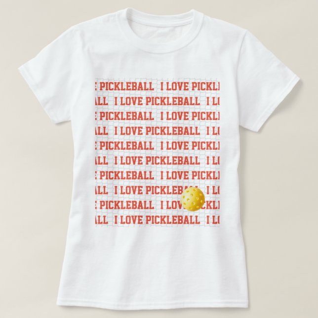 I LOVE PICKLEBALL Sports Fun Yellow Ball Net Text  T-Shirt (Design Front)