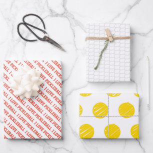 I LOVE PICKLEBALL Sports Typography Balls Net Fun Wrapping Paper Sheet