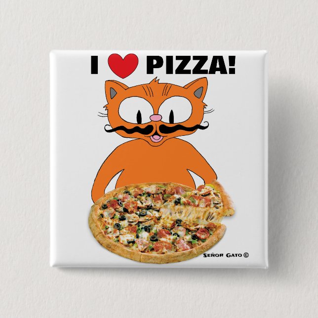 "I love pizza!" Moustache Cat Pizza Lovers 15 Cm Square Badge (Front)