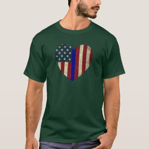 I Love Police Thin Blue Line American Heart Flag T-Shirt