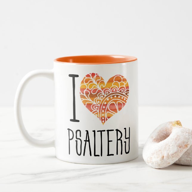I Love Psaltery Orange Mandala Heart Two-Tone Coffee Mug (With Donut)