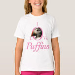 I Love Puffins Bird Wildlife Pink Kids T-Shirt<br><div class="desc">This I LOVE PUFFINS kids t-shirt is a great Birthday gift for a girl who loves birds, wildlife and nature. The puffin is definitely top of the list when it comes to the world's favourite birds and the front features a stunning photograph of a Puffin on Skomer Island in Wales...</div>